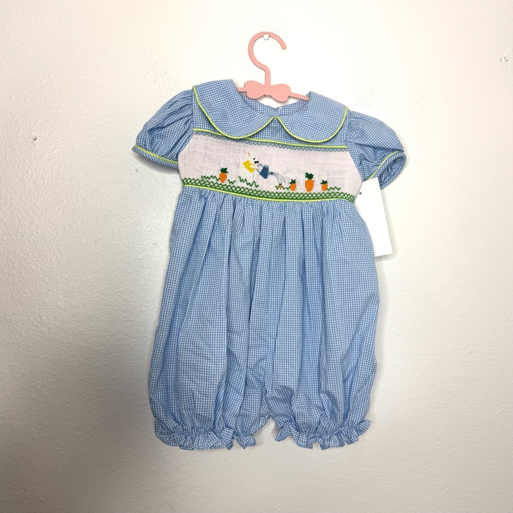 Baby Bunny‎ Easter Collared Gingham Blue Smocked Bubble